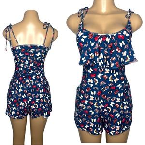New Women Romper Size S Stretchy Adjustable Strap Blue Butterflys Short Jumpsuit